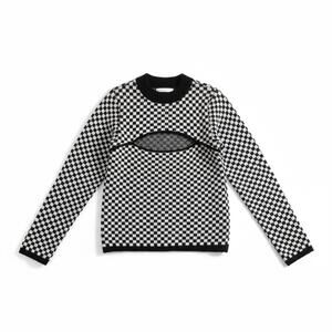 Oak + Fort Checkerboard Knit Sweater Cutout Black White Y2K Style M